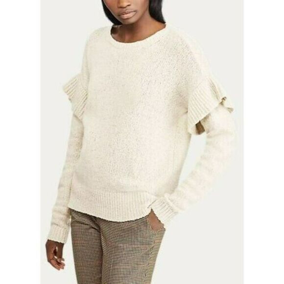 Ralph Lauren Wool Alpaca Sweater Size S Ruffled Sleeves Mascarpone Cream Multi - Picture 1 of 11